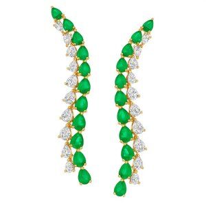 Emerald Diamond Leaf Curve 14K (or 18k upon request) Yellow Gold Drop Earrings